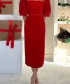Kırmızı İncili Tül Detay Elbise