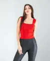 Kırmızı Kare Yaka Kalın Askı Triko Crop Bluz