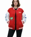 Kırmızı Varsity Çıtçıtlı Baskılı Oversize Kalıp Kolej Ceket - Kırmızı
