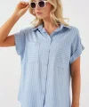 Kısa Kol Çizgili Oversize Gömlek 20303 - Mavi
