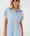 Kısa Kol Çizgili Oversize Gömlek 20303 - Mavi