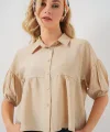 Kısa Kol Crop Gömlek 20335 - Bej