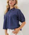 Kısa Kol Crop Gömlek 20335 - İndigo