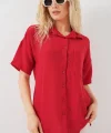 Kısa Kol Keten Görünümlü Gömlek 20336 - Kırmızı