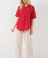 Kısa Kol Keten Görünümlü Gömlek 20336 - Kırmızı