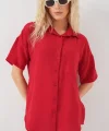 Kısa Kol Keten Görünümlü Gömlek 20336 - Kırmızı