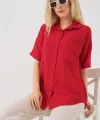 Kısa Kol Keten Görünümlü Gömlek 20336 - Kırmızı