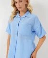 Kısa Kol Keten Görünümlü Gömlek 20336 - Mavi