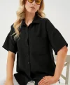 Kısa Kol Keten Görünümlü Gömlek 20336 - Siyah
