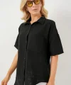 Kısa Kol Keten Görünümlü Gömlek 20336 - Siyah