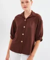 Kısa Kol Oversize Keten Gömlek 202  Kahverengi