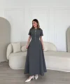 Kısa Kollu Önden Fermuarlı Çan Etekli Uzun Elbise - Antrasit