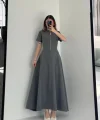 Kısa Kollu Önden Fermuarlı Çan Etekli Uzun Elbise - Antrasit