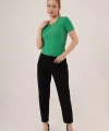 Kısa Kollu Yaka Detaylı Kaşkorse Yeşil Bluz