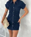Kısa Kolu Mini Kot Kumaşından Likralı Elbise - Lacivert