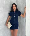 Kısa Kolu Mini Kot Kumaşından Likralı Elbise - Lacivert