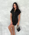 Kısa Kolu Mini Kot Kumaşından Likralı Elbise - Siyah
