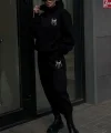 Kışlık Kapüşonlu Üç İplik Baskılı Eşofman Takım - Siyah