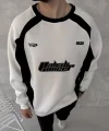 Kışlık Nakış İşlemeli Bisiklet Yaka Parçalı SweatShirt - Beyaz