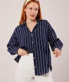 Kol Düğmeli Çizgili acivert Gömlek