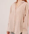 Kol Düğmeli Çizgili Bej Gömlek
