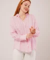 Kol Düğmeli Çizgili Pembe Gömlek