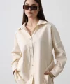 Kolları Pileli Uzun Gömlek  Natür