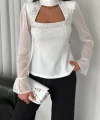 Kolları Şifon Göğüste İnci Boncuk Detaylı Bluz - Beyaz