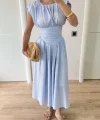 Kolsuz Bel Detaylı Yazlık Poplin Kumaş Uzun Elbise - Mavi