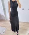 Kolsuz Büzgülü Uzun Elbise - Siyah
