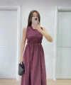 Kolsuz Göğüs Lastıklı %100 Poplin Uzun Elbise - Bordo