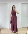 Kolsuz Göğüs Lastıklı %100 Poplin Uzun Elbise - Bordo