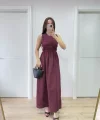 Kolsuz Göğüs Lastıklı %100 Poplin Uzun Elbise - Bordo