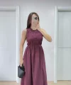 Kolsuz Göğüs Lastıklı %100 Poplin Uzun Elbise - Bordo
