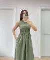 Kolsuz Göğüs Lastıklı %100 Poplin Uzun Elbise - Yeşil