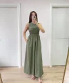 Kolsuz Göğüs Lastıklı %100 Poplin Uzun Elbise - Yeşil