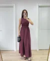 Kolsuz Göğüs Lastıklı Uzun Elbise - Bordo