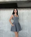 Kolsuz Mini Elbise- Gri