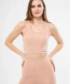 Kolsuz Sporcu Baskılı Crop - Bej