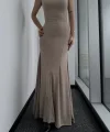 Kolsuz Yarım Bogazlı Uzun Elbise- Bej