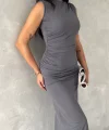 Kolsuz Yırtmaçlı Uzun maxı boy Elbise - Gri