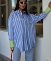 Kolu Manşet Detay Çizgili Oversize Gömlek 3405