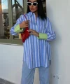 Kolu Manşet Detay Çizgili Oversize Gömlek 3405