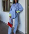 Kolu Manşet Detay Çizgili Oversize Gömlek 3405