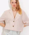 Krem Çift Düğmeli Oversize Crop Keten Ceket 0706