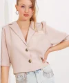 Krem Çift Düğmeli Oversize Crop Keten Ceket 0706