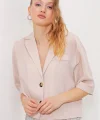 Krem Çift Düğmeli Oversize Crop Keten Ceket 0706
