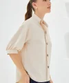 Krem Kısa Kol Oversize Keten Gömlek 202