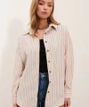 Krem Siyah Çizgili Oversize Uzun Basic Gömlek 3900