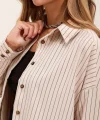 Krem Siyah Çizgili Oversize Uzun Basic Gömlek 3900